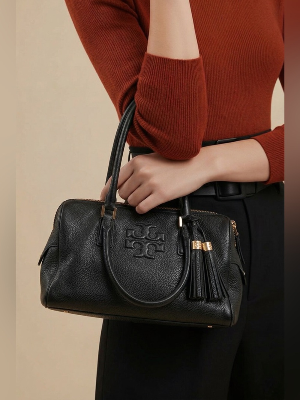 Tory Burch Black Pebbled Leather Satchel with Tassel